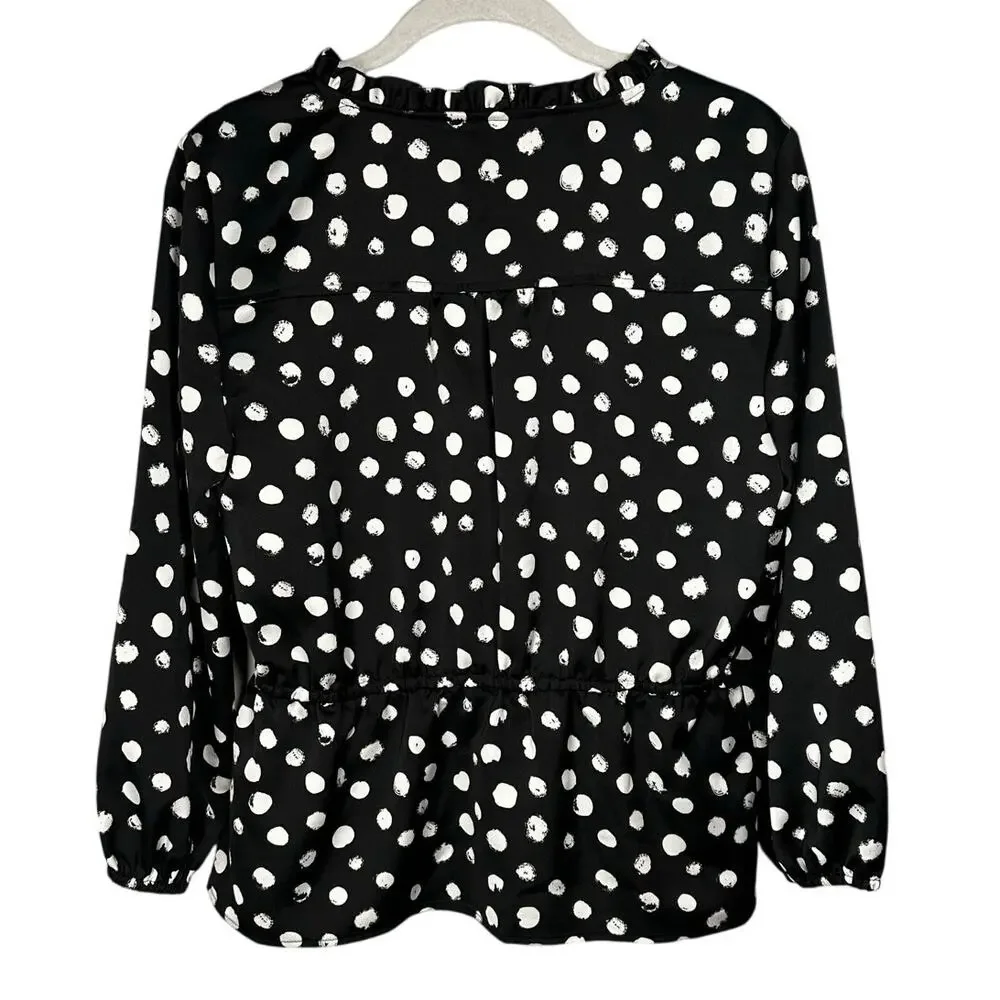 NWT J. Crew Black & White Polka Dot Satin Peplum Blouse Women's 4